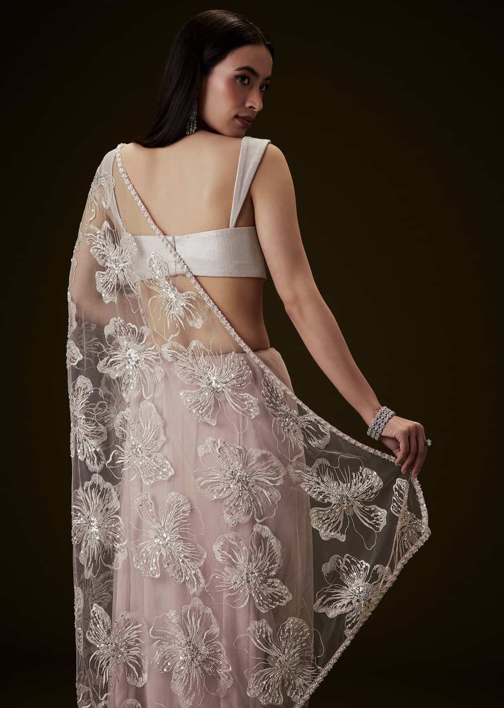 Dusty Pink Silver Blouse With Open Saree And Lace Detailing
