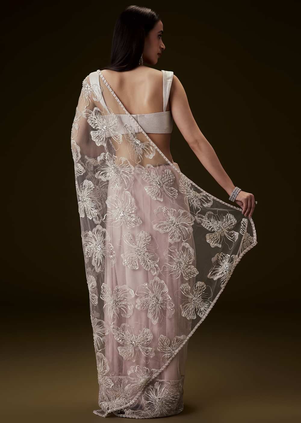 Dusty Pink Silver Blouse With Open Saree And Lace Detailing