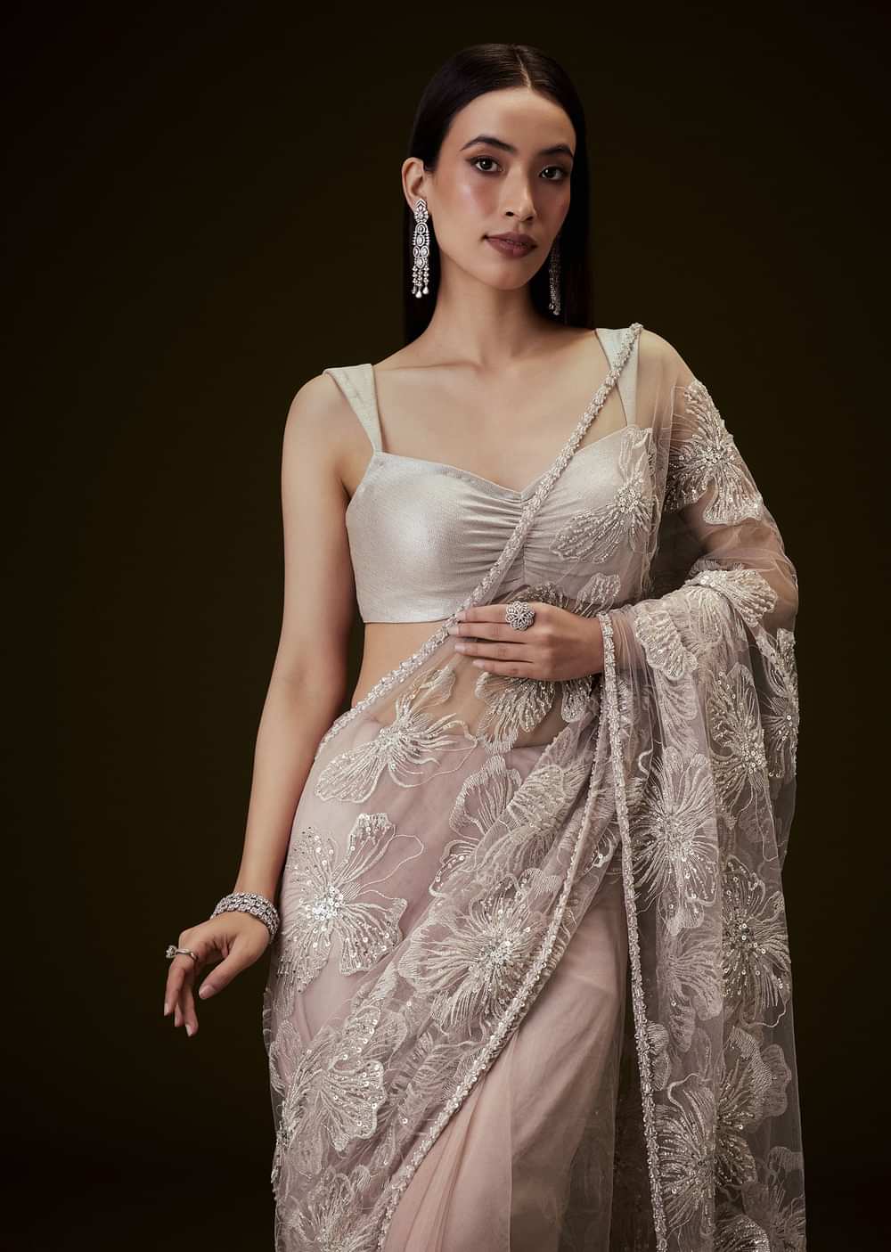 Dusty Pink Silver Blouse With Open Saree And Lace Detailing