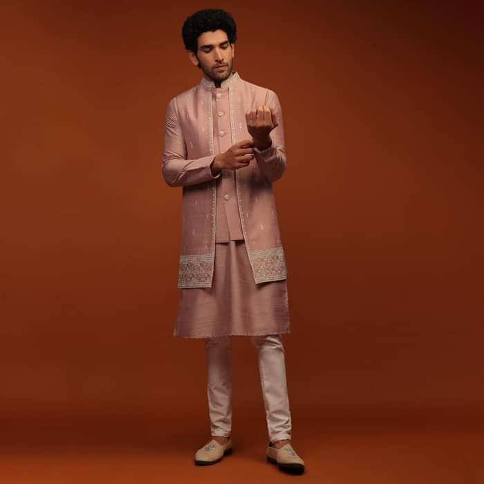 Dusty Rose Nehru Jacket And Kurta Set In Mirror Abla Embroidery