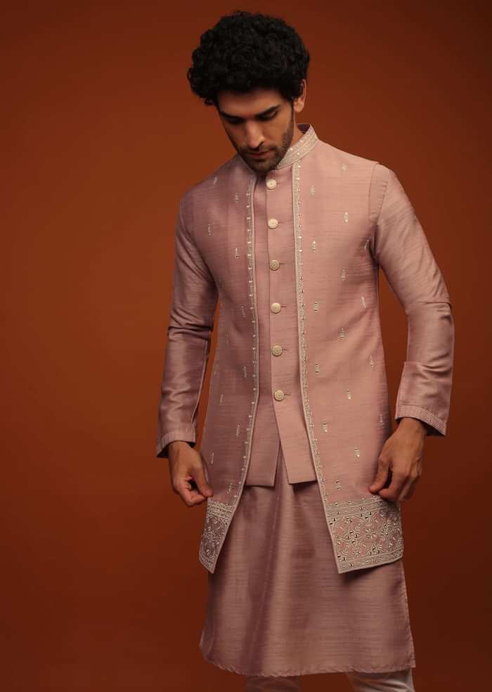 Dusty Rose Nehru Jacket And Kurta Set In Mirror Abla Embroidery