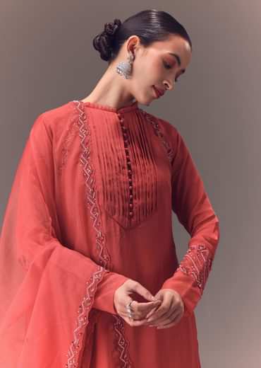 Dusty Rust Organza Kurta Set With Raglan Sleeves