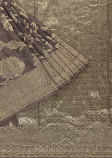 Fog Grey Saree In Tissue Georgette With Banarasi Zari Weave And An Unstitched Blouse