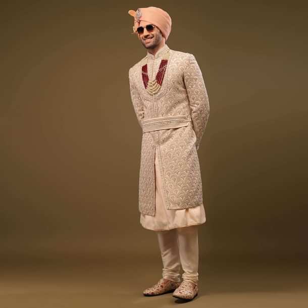 Champagne Brown Silk Sherwani Set With Hand Embroidery