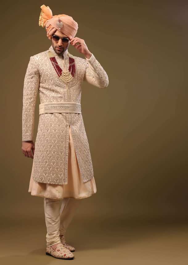 Champagne Brown Silk Sherwani Set With Hand Embroidery