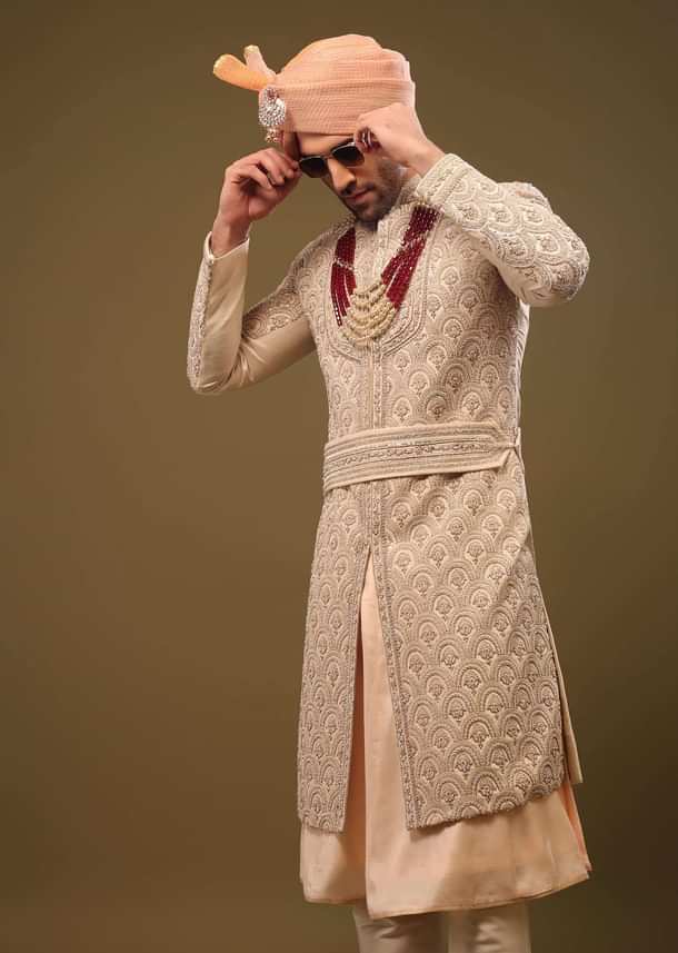 Champagne Brown Silk Sherwani Set With Hand Embroidery