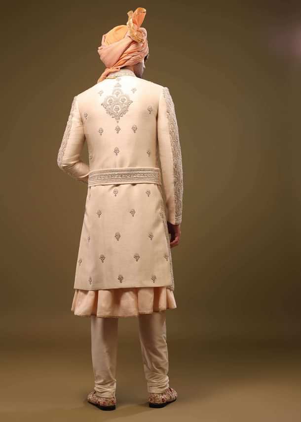 Champagne Brown Silk Sherwani Set With Hand Embroidery