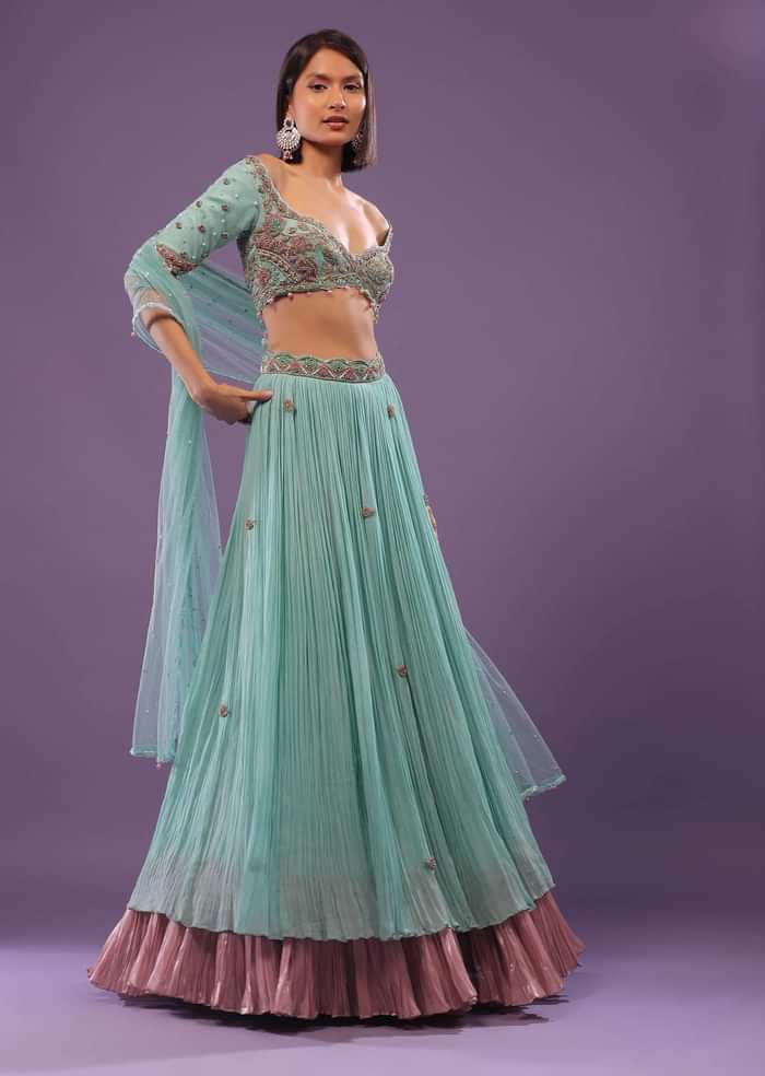 Sky Blue Embroidered Lehenga In Georgette