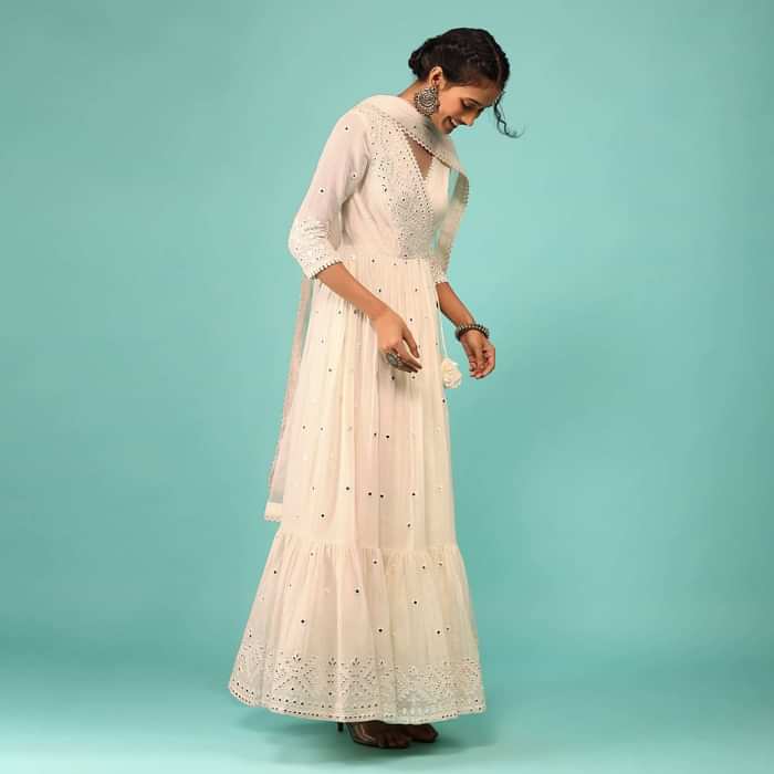 Pearl White Anarkali Kurta In Lucknowi Embroidery With Angrakha Pattern & Surplice Neckline