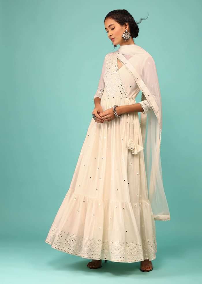 Pearl White Anarkali Kurta In Lucknowi Embroidery With Angrakha Pattern & Surplice Neckline