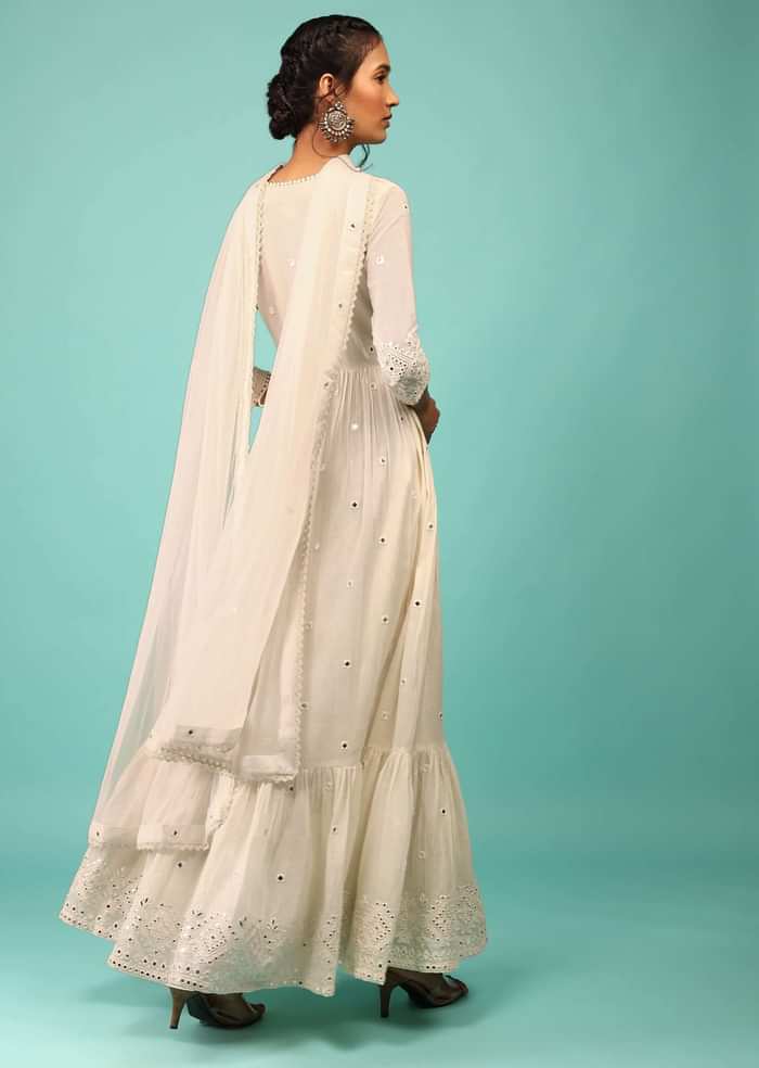Pearl White Anarkali Kurta In Lucknowi Embroidery With Angrakha Pattern & Surplice Neckline