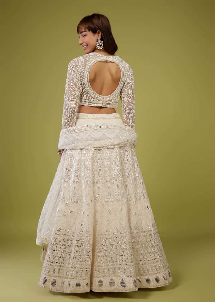 Pearl White Embroidered Lehenga Set In Organza