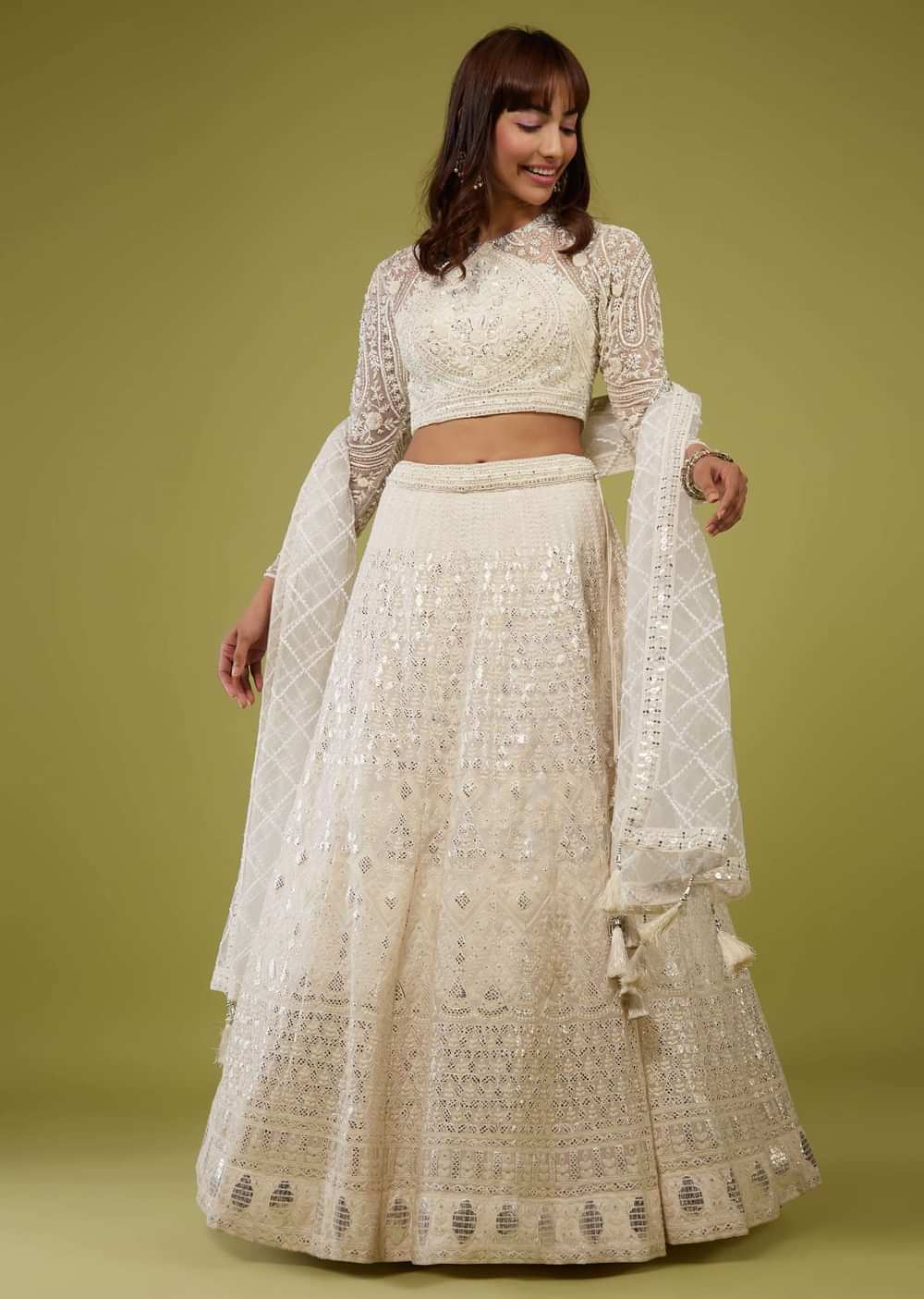 Pearl White Embroidered Lehenga Set In Organza