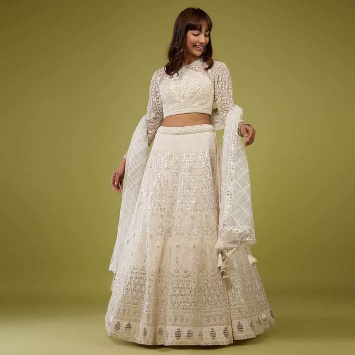 Pearl White Embroidered Lehenga Set In Organza