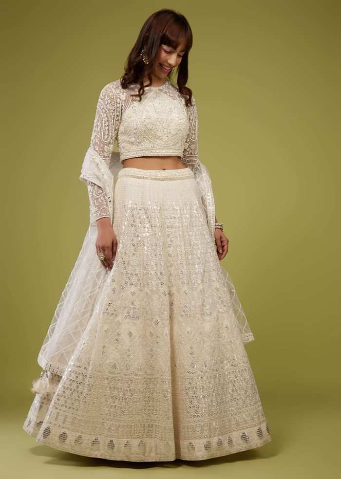 Pearl White Embroidered Lehenga Set In Organza