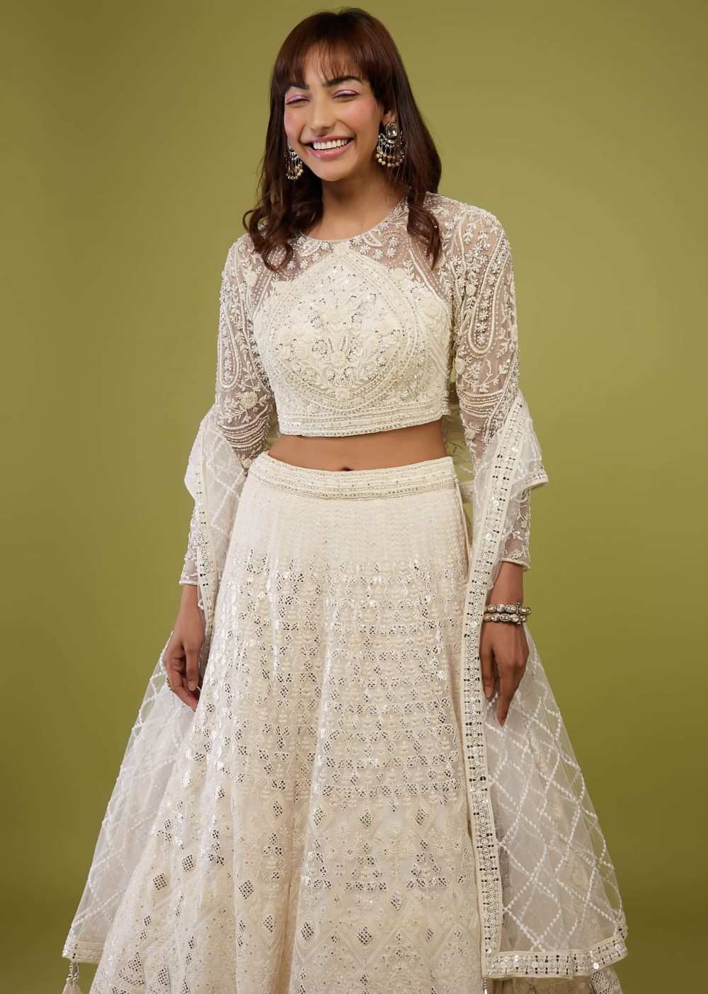 Pearl White Embroidered Lehenga Set In Organza