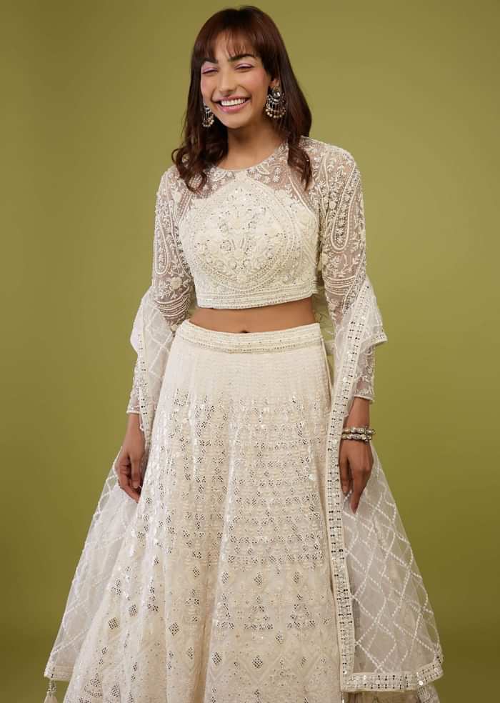 Pearl White Embroidered Lehenga Set In Organza