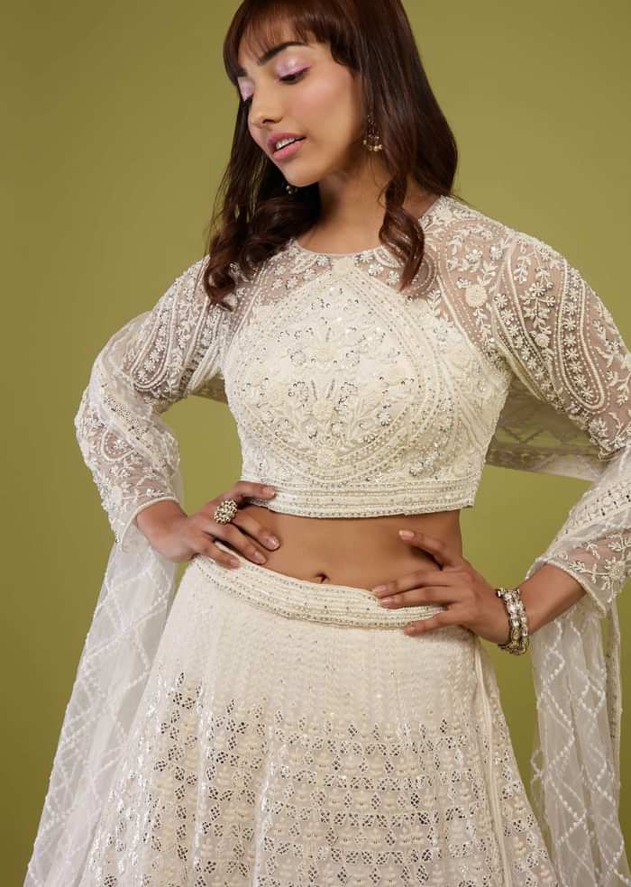 Pearl White Embroidered Lehenga Set In Organza