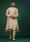 Beige White Embroidered Raw Silk Sherwani Set
