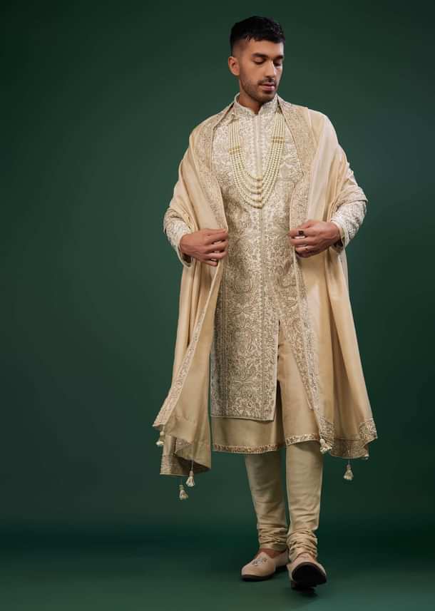 Beige White Embroidered Raw Silk Sherwani Set