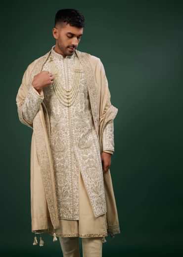 Beige White Embroidered Raw Silk Sherwani Set