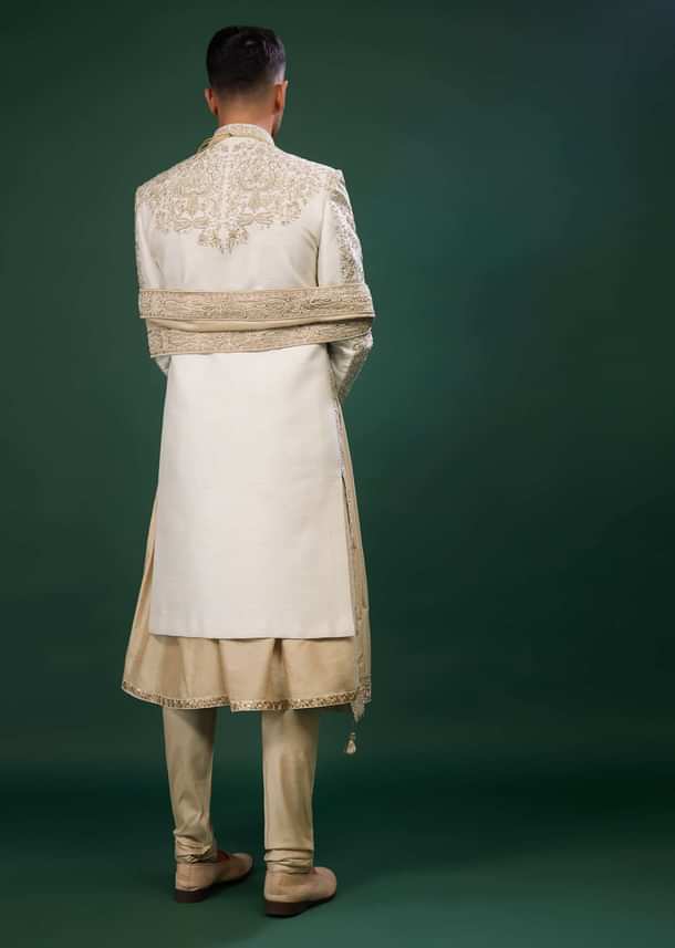 Beige White Embroidered Raw Silk Sherwani Set