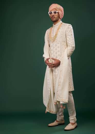 Ivory White Embroidered Sherwani Set In Raw Silk