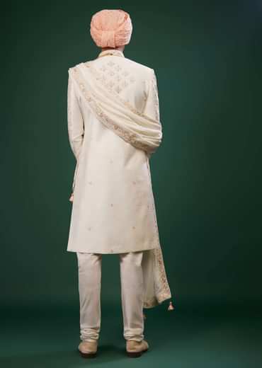 Ivory White Embroidered Sherwani Set In Raw Silk