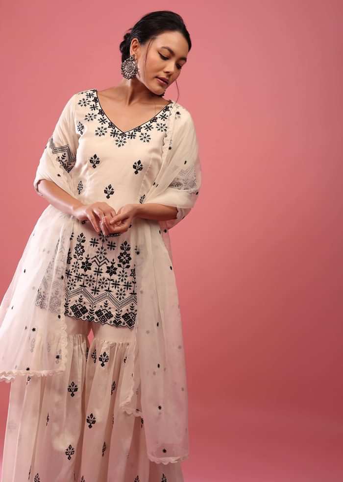 Daisy White Lucknowi Sharara Suit In Cotton With Embroidery
