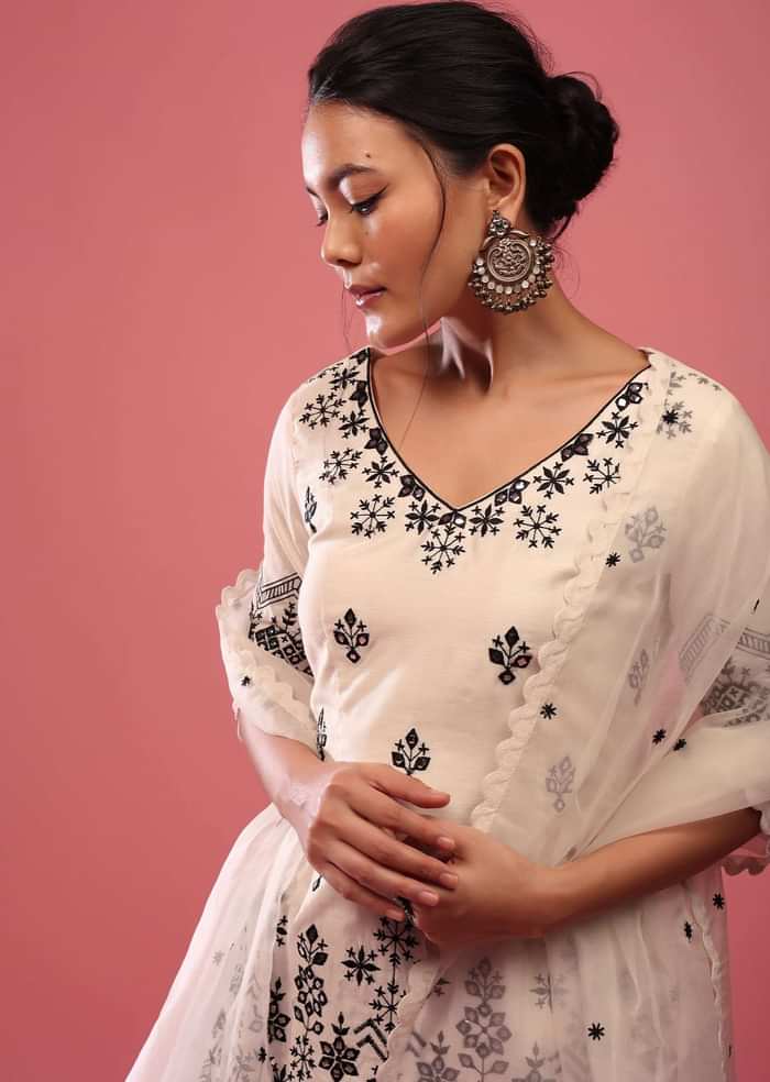 Daisy White Lucknowi Sharara Suit In Cotton With Embroidery