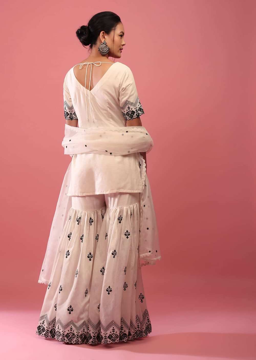 Daisy White Lucknowi Sharara Suit In Cotton With Embroidery