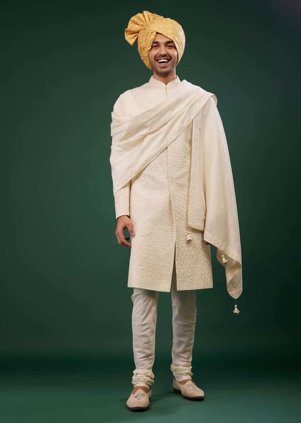 Pearl White Sherwani Set Embroidered In Raw Silk