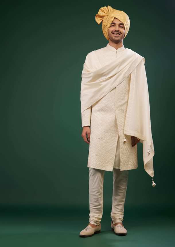 Pearl White Sherwani Set Embroidered In Raw Silk