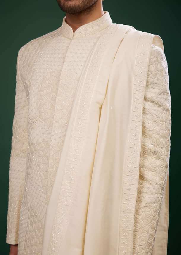 Pearl White Sherwani Set Embroidered In Raw Silk