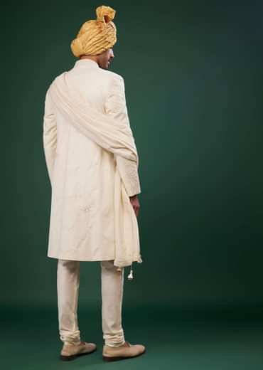 Pearl White Sherwani Set Embroidered In Raw Silk