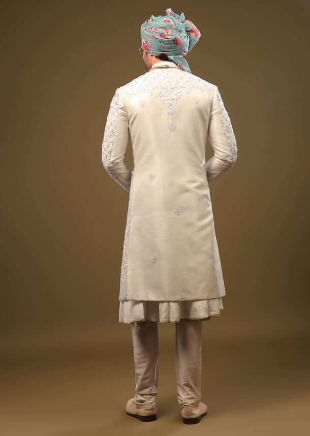 Pearl White Silk Sherwani Set With Exquisite Zari And Sequin Embroidery