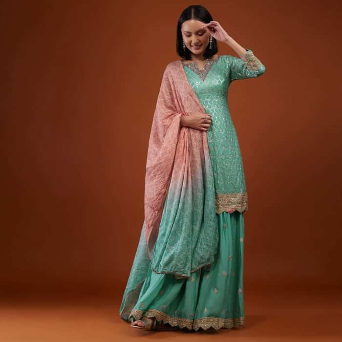 Sea Green Sharara Suit With Embroidery And Bandhani Dupatta