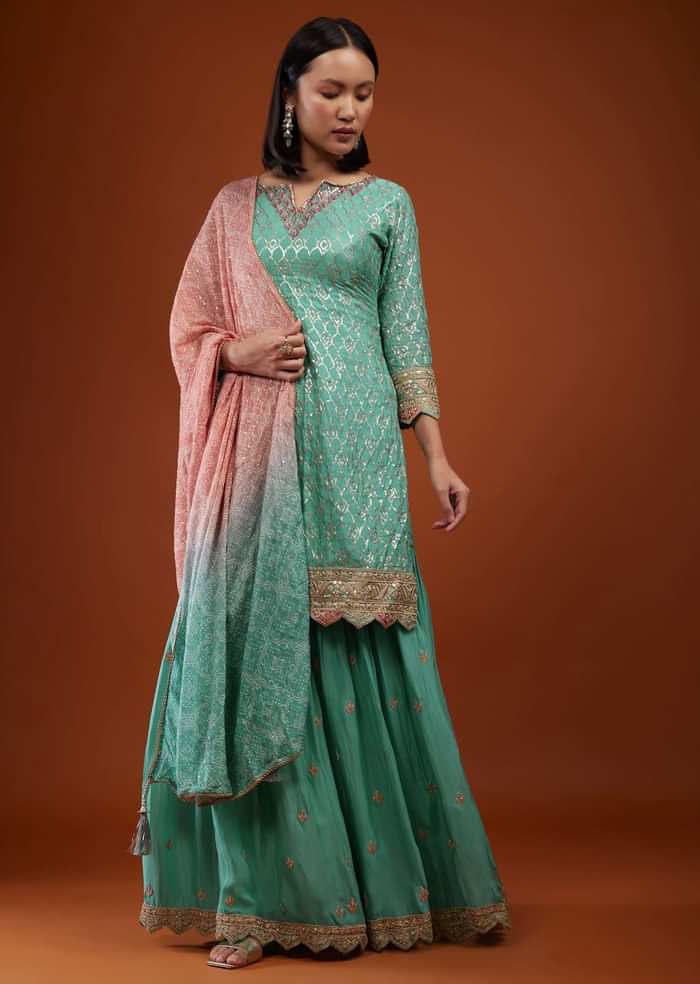 Sea Green Sharara Suit With Embroidery And Bandhani Dupatta