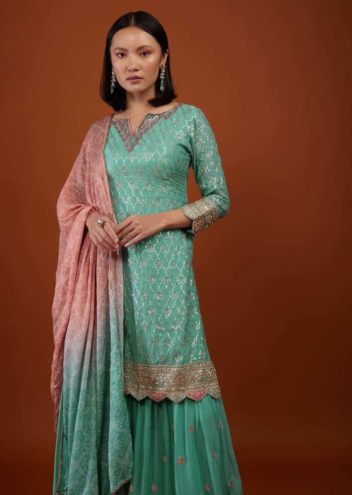 Sea Green Sharara Suit With Embroidery And Bandhani Dupatta