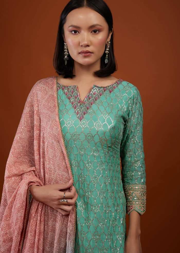 Sea Green Sharara Suit With Embroidery And Bandhani Dupatta