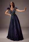 Elegant Navy Crepe Gown With Embroidered Yoke And Sweeping Ghera