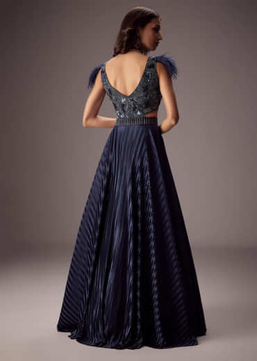 Elegant Navy Crepe Gown With Embroidered Yoke And Sweeping Ghera