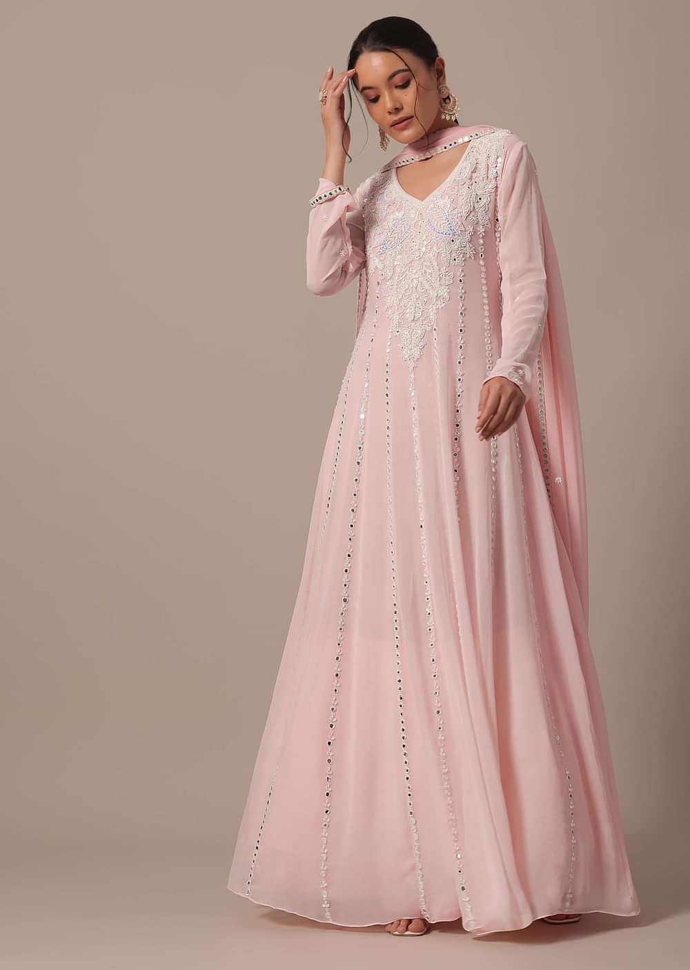 Pink Embellished Anarkali Set With Mirror Work