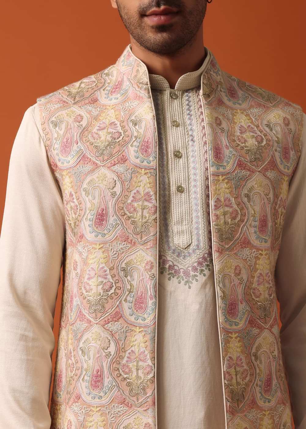 Elegant Beige Exquisite Embroidered Jacket Kurta Set