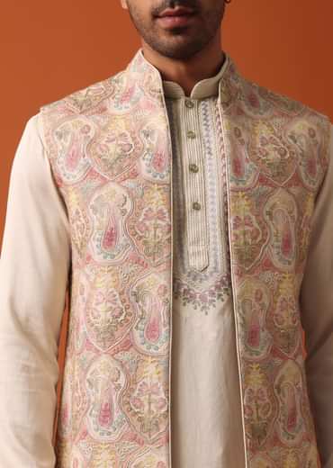 Elegant Beige Exquisite Embroidered Jacket Kurta Set