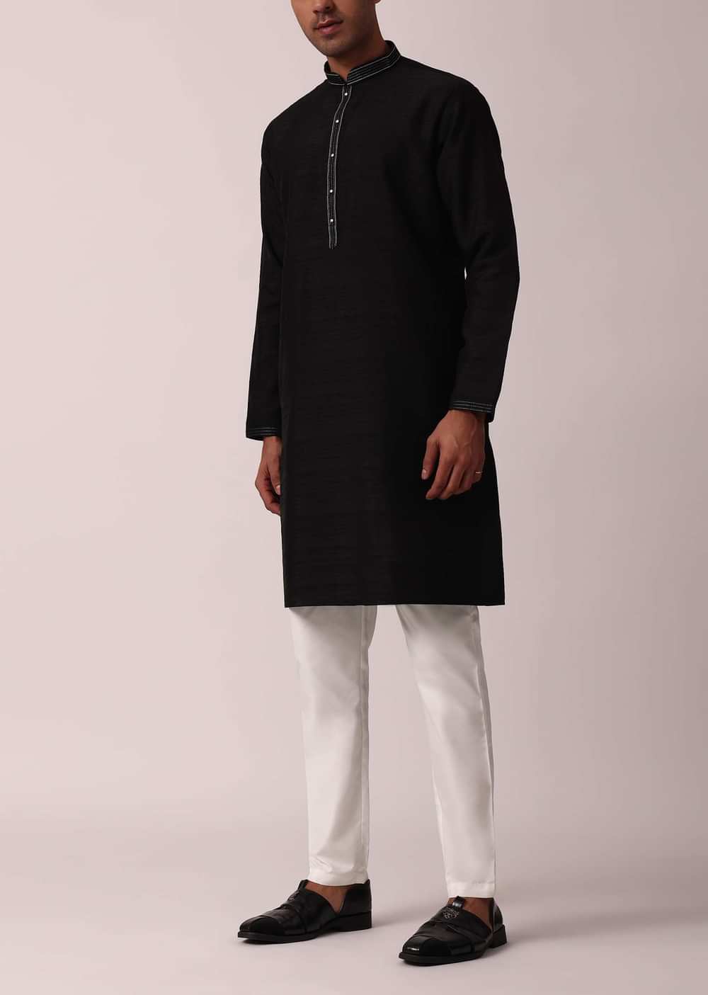 Elegant Black Cotton Silk Jacket Kurta Set For Men