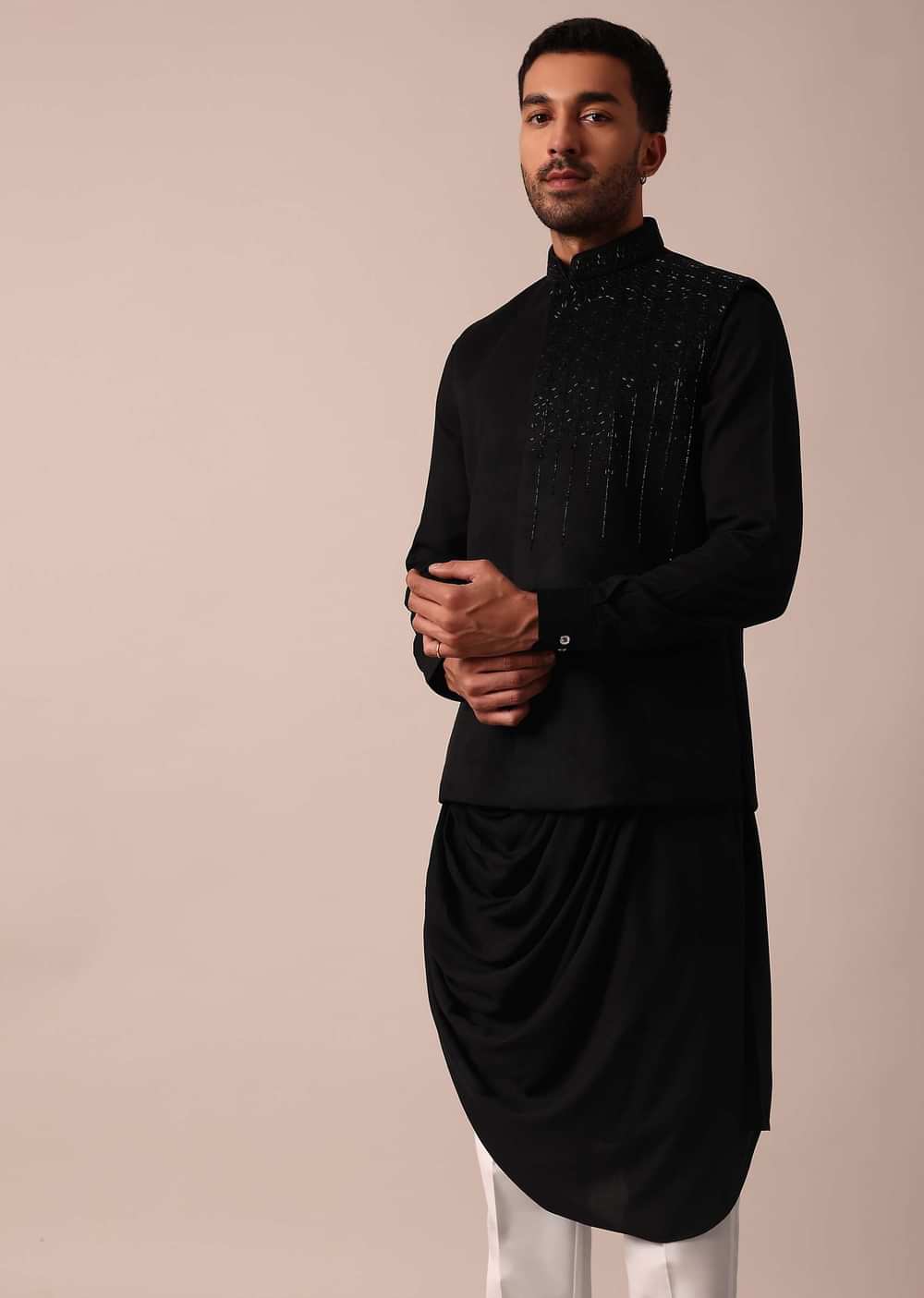 Stylish Black Jacket Kurta Set For Men