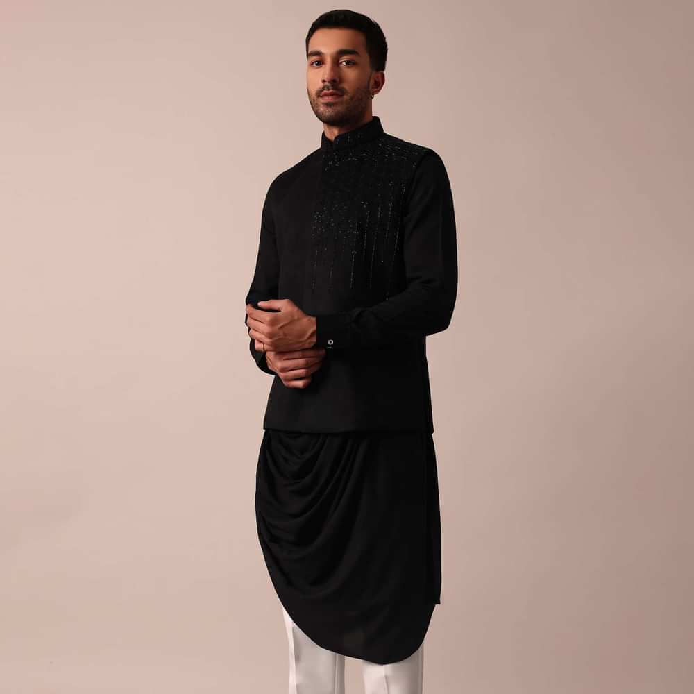 Stylish Black Jacket Kurta Set For Men