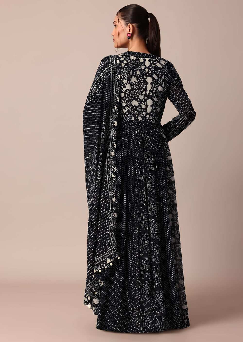 Elegant Black Printed Embroidery Anarkali Pant Set With Dupatta