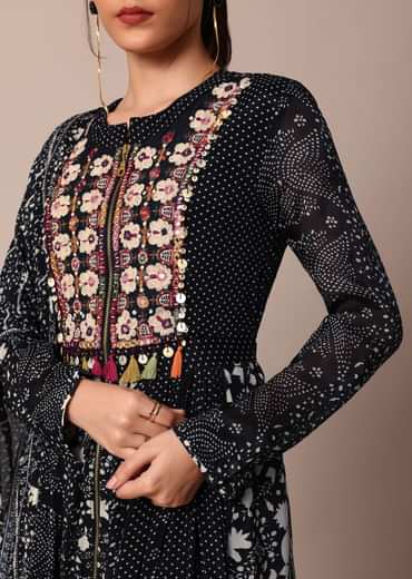 Elegant Black Printed Embroidery Anarkali Pant Set With Dupatta